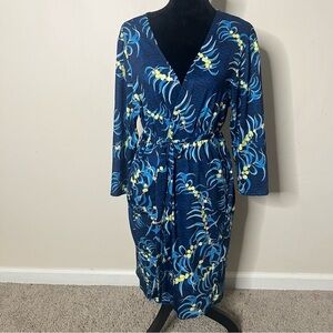 David Shepard X Hawaii Women’s Blue Yellow Floral V~Neck Belted Wrap Dress L~NWT